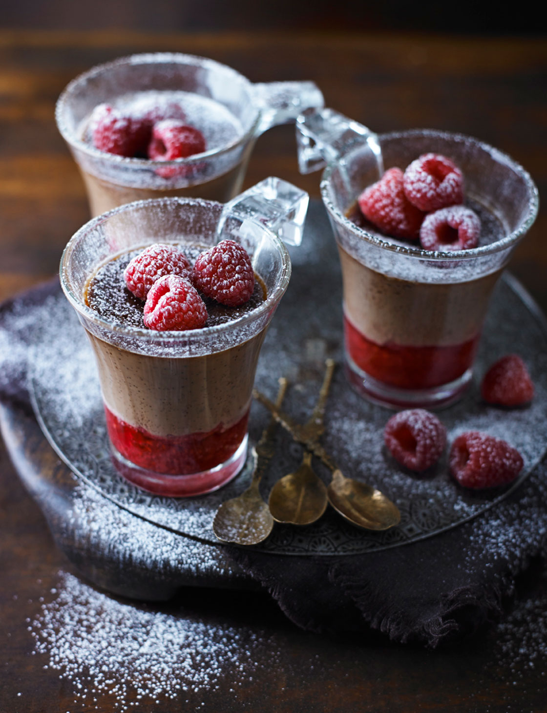 Velvety milk chocolate pots with raspberries Sainsbury's Magazine
