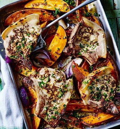 Maple pork chops and sweet potato traybake