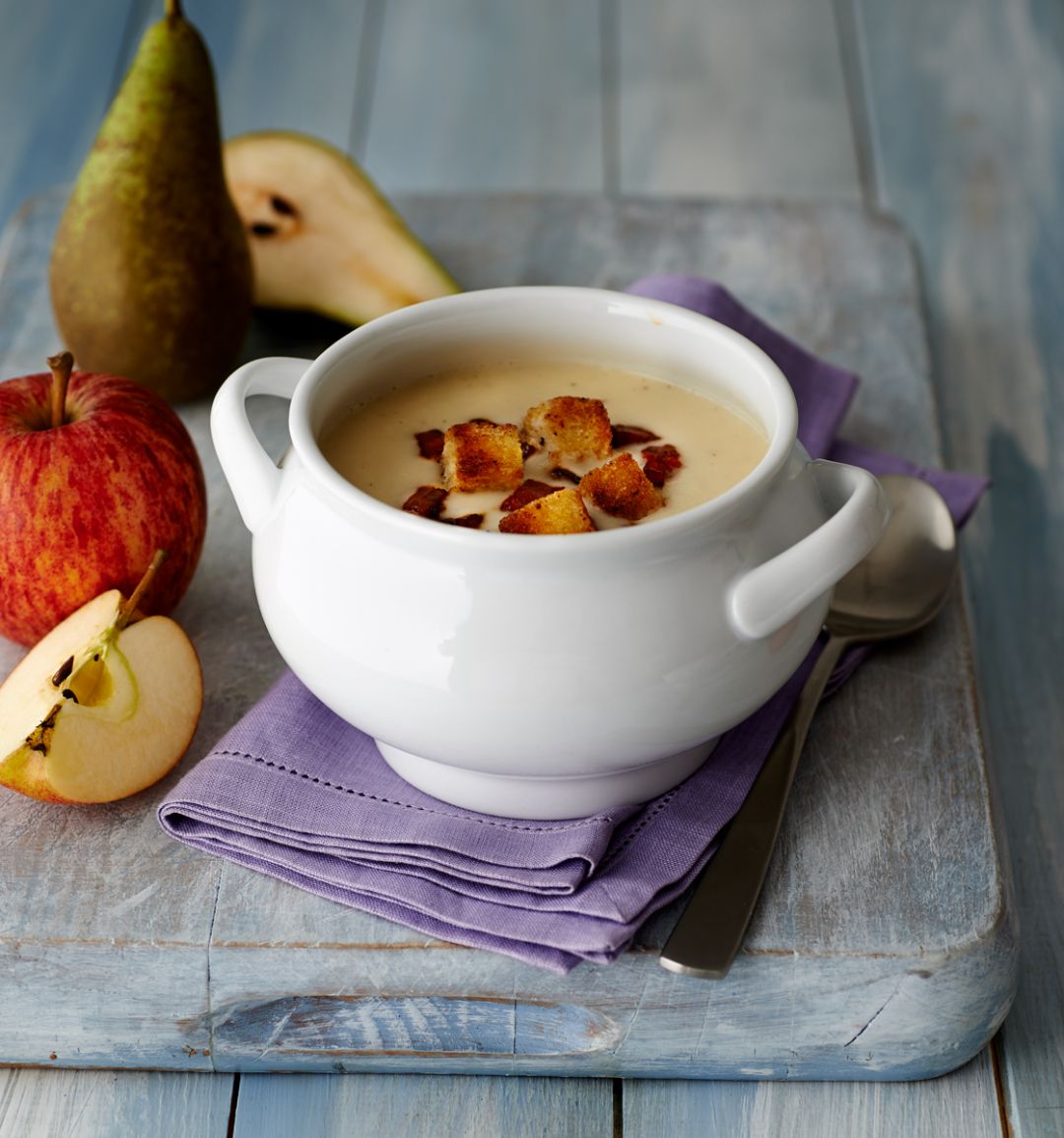 Apple, pear and Stilton soup with chorizo and croutons