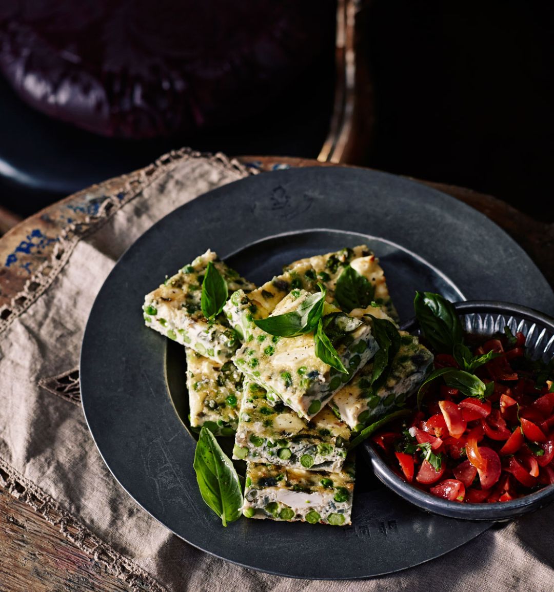 Pea, feta and basil frittata squares with a tomato salsa