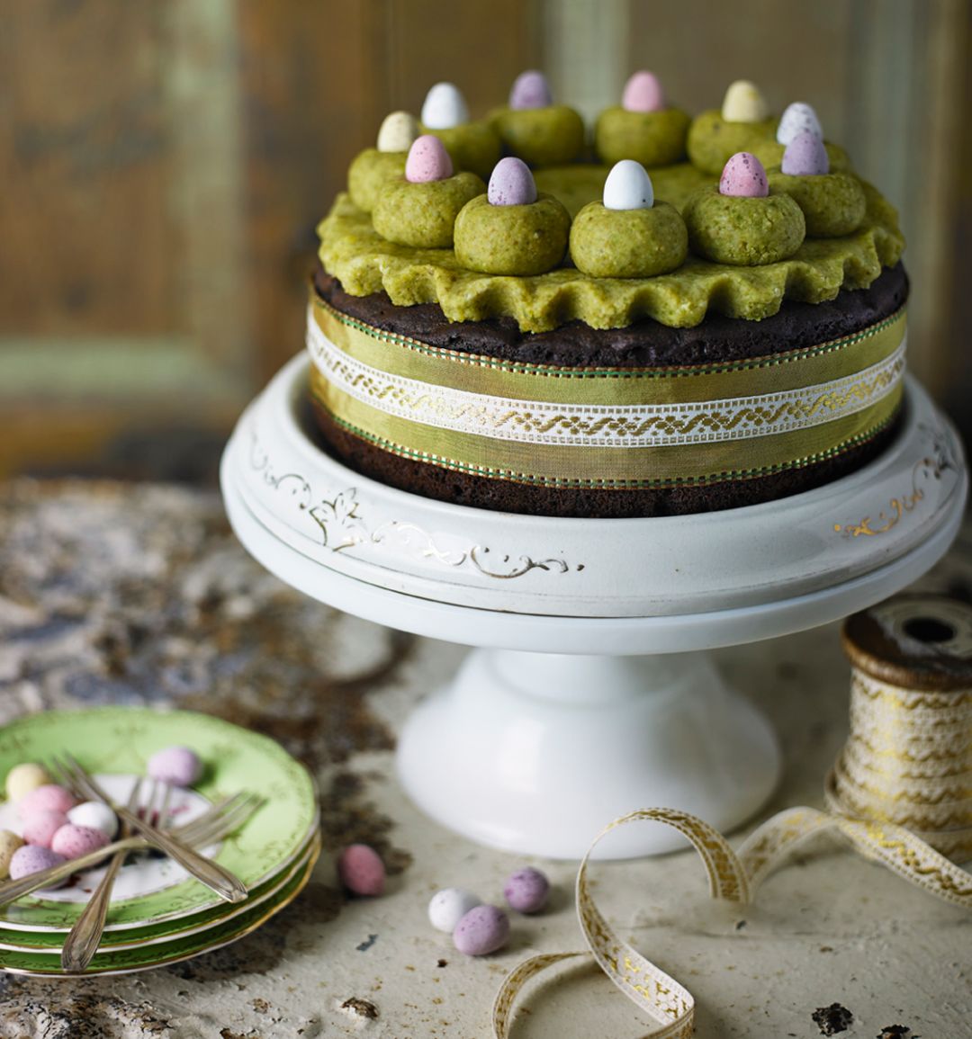 Chocolate orange Simnel cake with pistachio marzipan