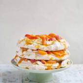 Pistachio and apricot meringue layer cake