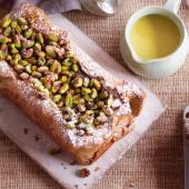 Pistachio cake with creme anglaise