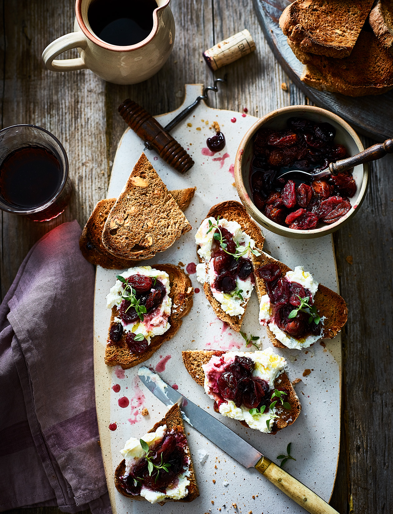 Walnut bruschetta with whipped ricotta & roasted red wine grapes recipe