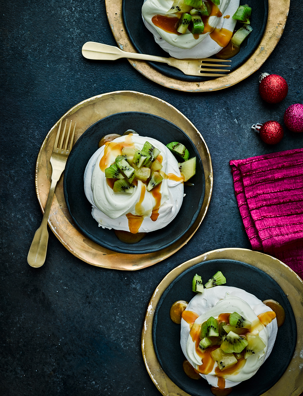 Kiwi and salted caramel mini pavlovas recipe | Sainsbury`s Magazine