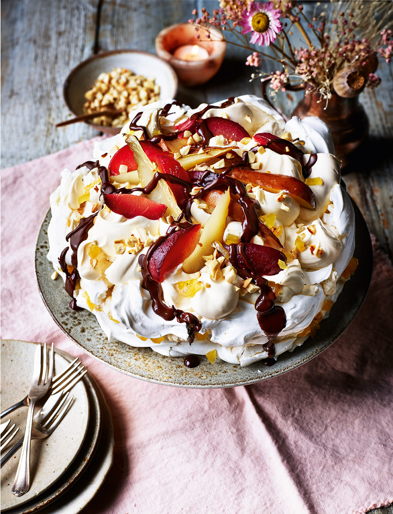 Roasted fruit meringue with ginger and chocolate recipe | Sainsbury`s