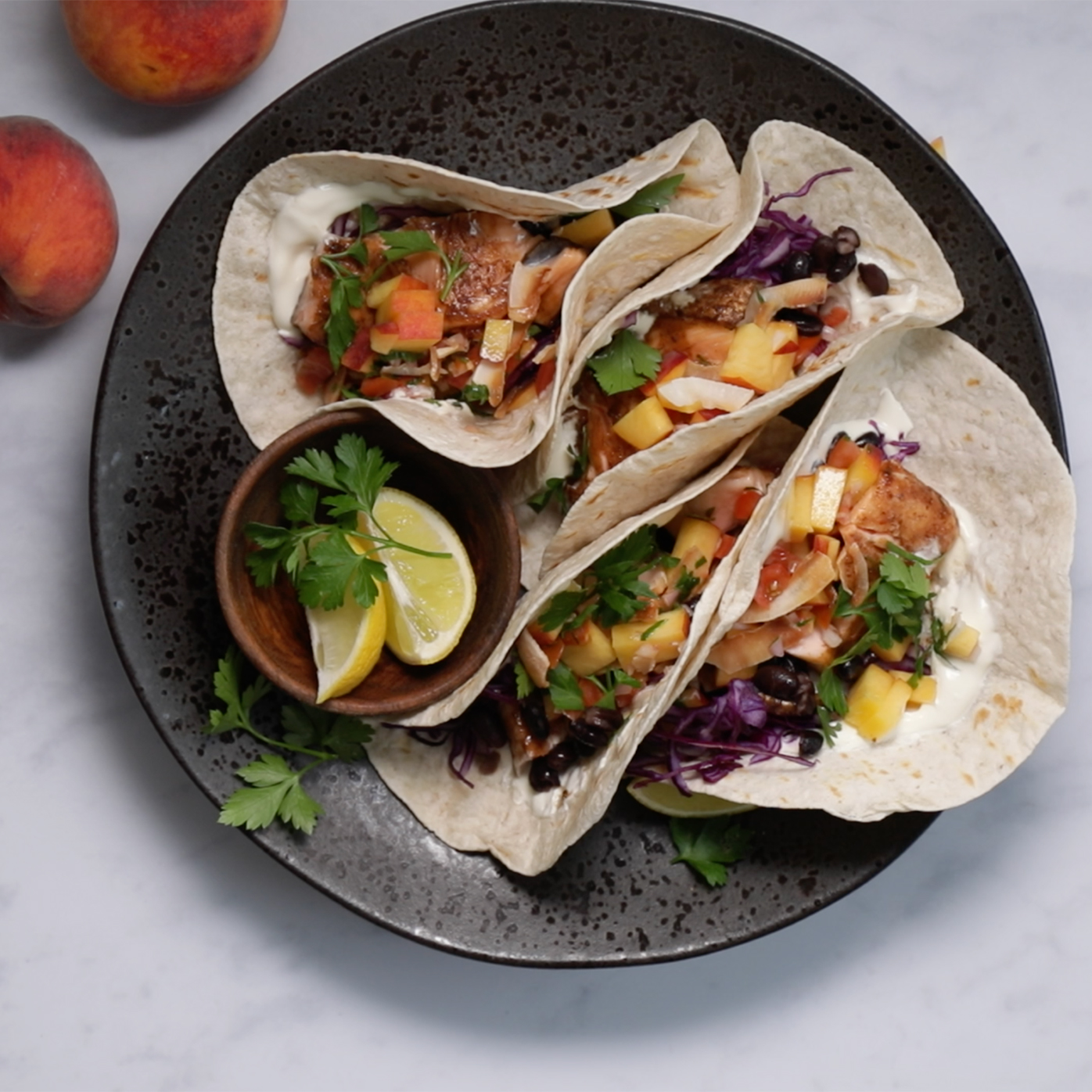 Sponsored Jerk salmon tacos, South African peach and toasted coconut
