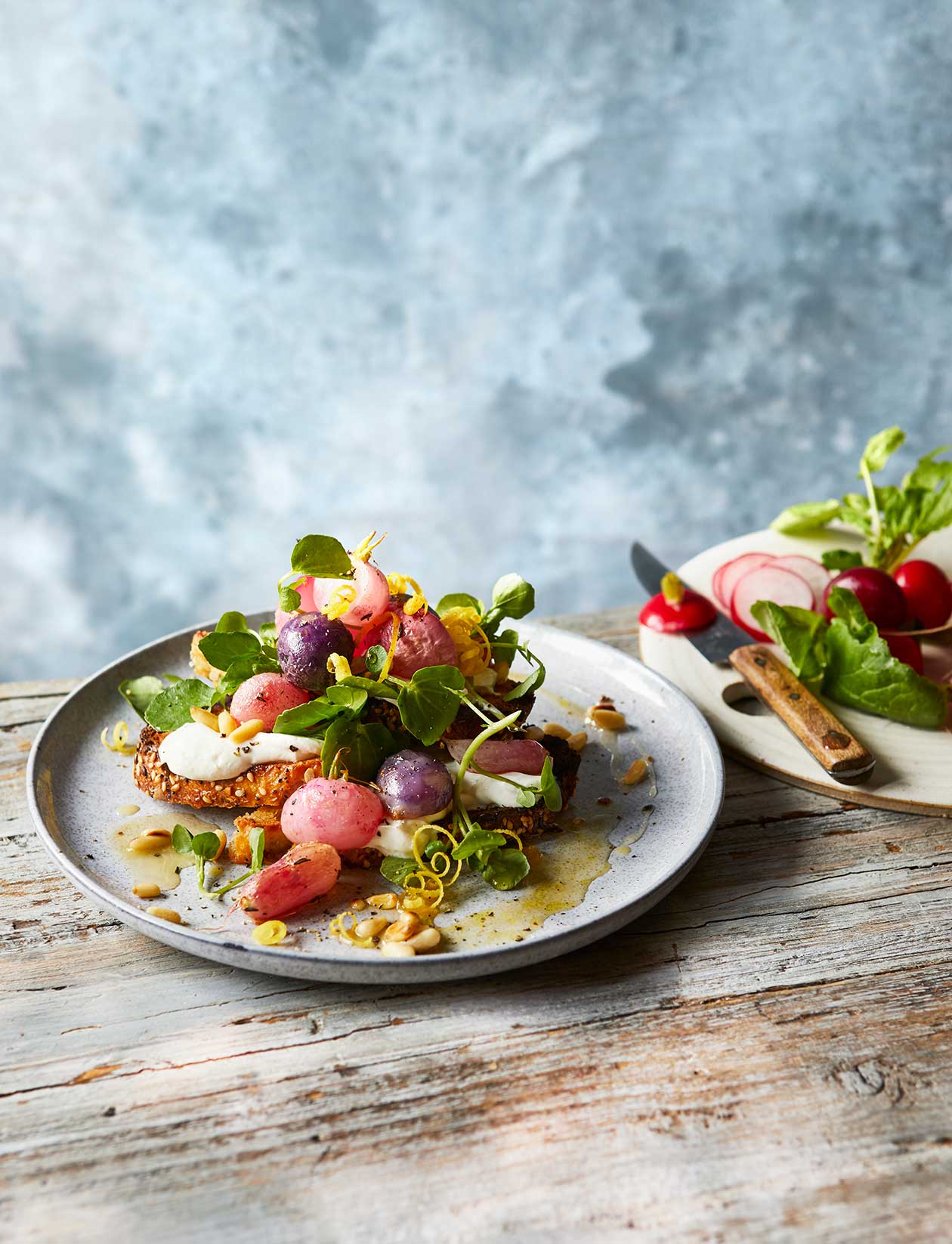Roasted radish & goats’ cheese bruschetta with watercress recipe