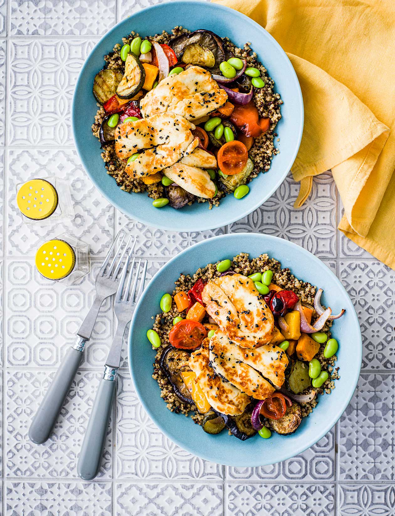 Halloumi and rainbow veg grain bowl recipe Sainsbury`s Magazine