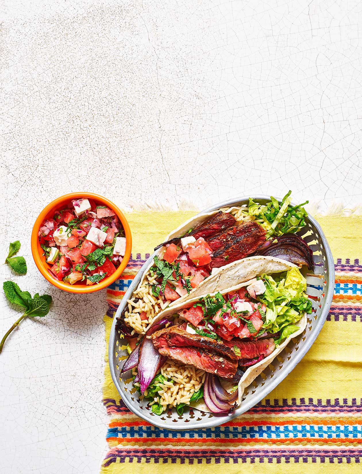 Steak tacos with feta and watermelon salsa recipe Sainsbury`s Magazine
