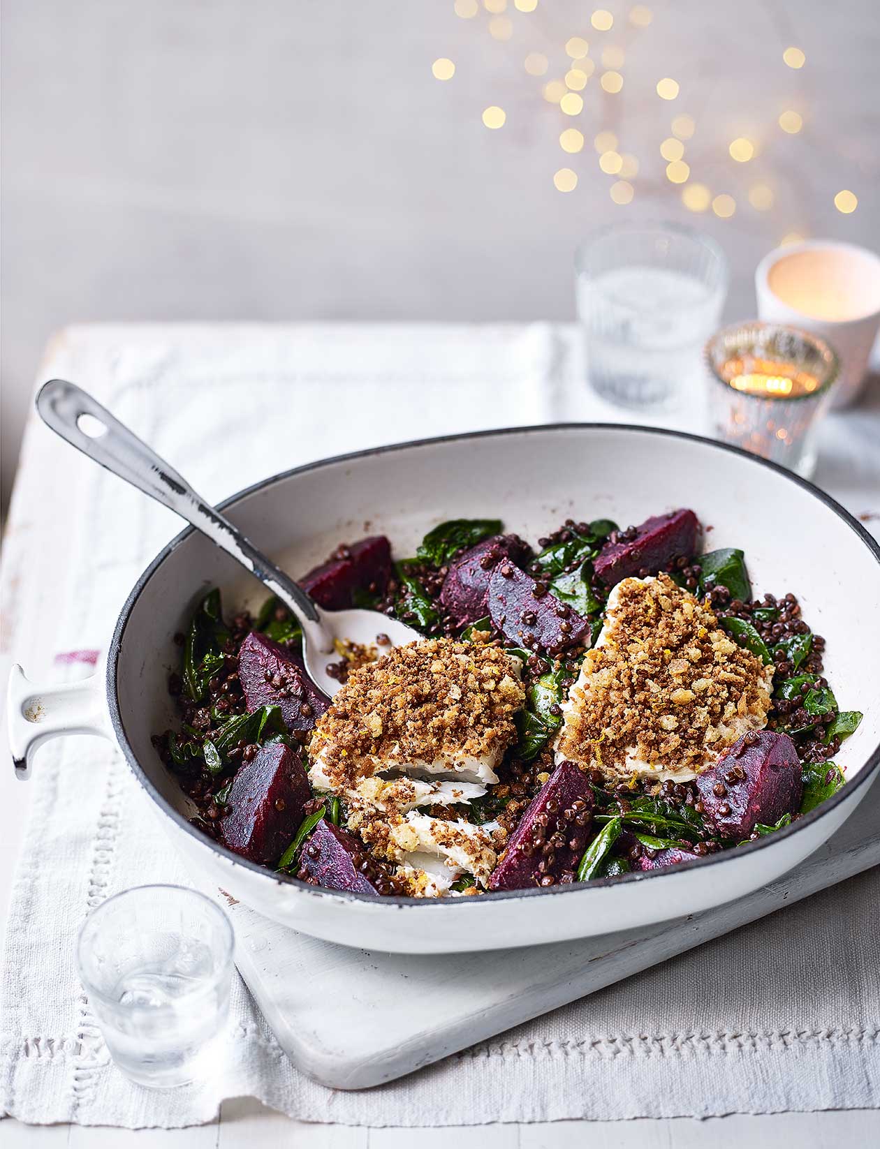 Cod fillets with spinach and beetroot lentils recipe | Sainsbury`s Magazine
