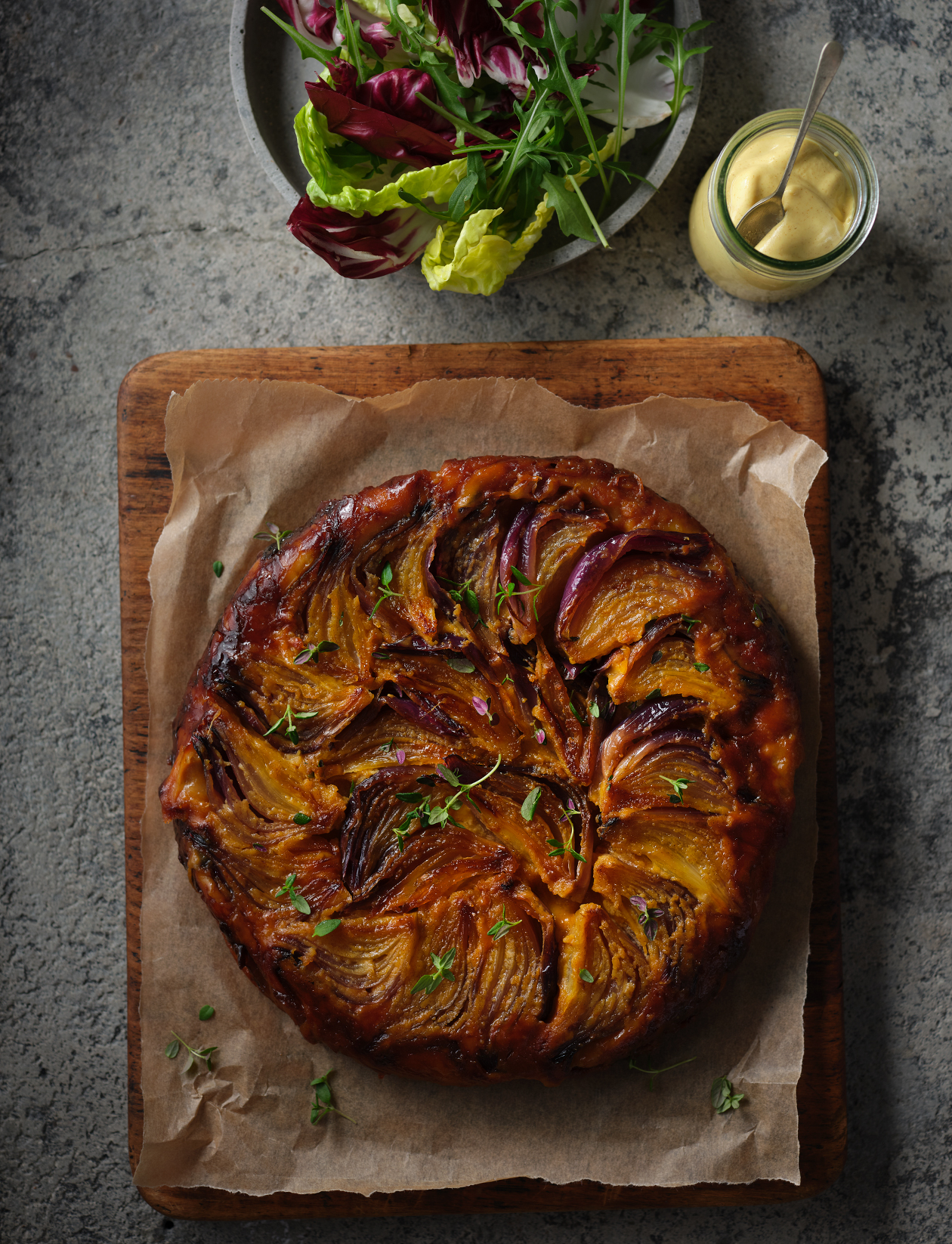 Tatin maille Maille Mustard vegetarian red onion tarte tatin recipe | Sainsbury`s
