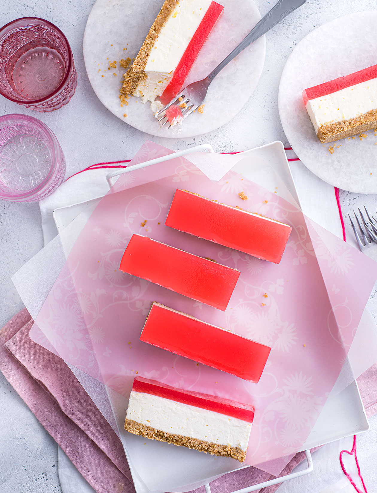 Rhubarb and gin jelly cheesecake bars recipe Sainsbury`s Magazine