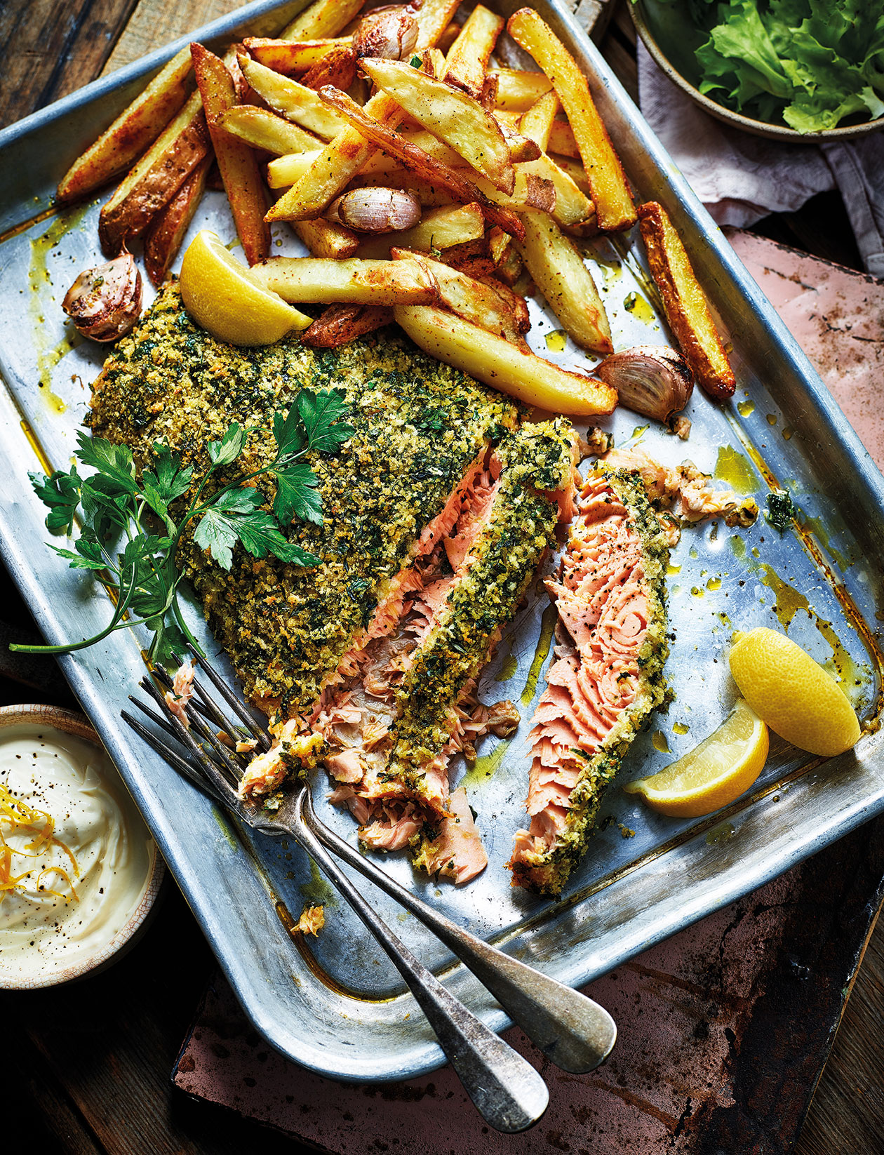 Herbcrusted salmon with garlic fries recipe Sainsbury`s Magazine