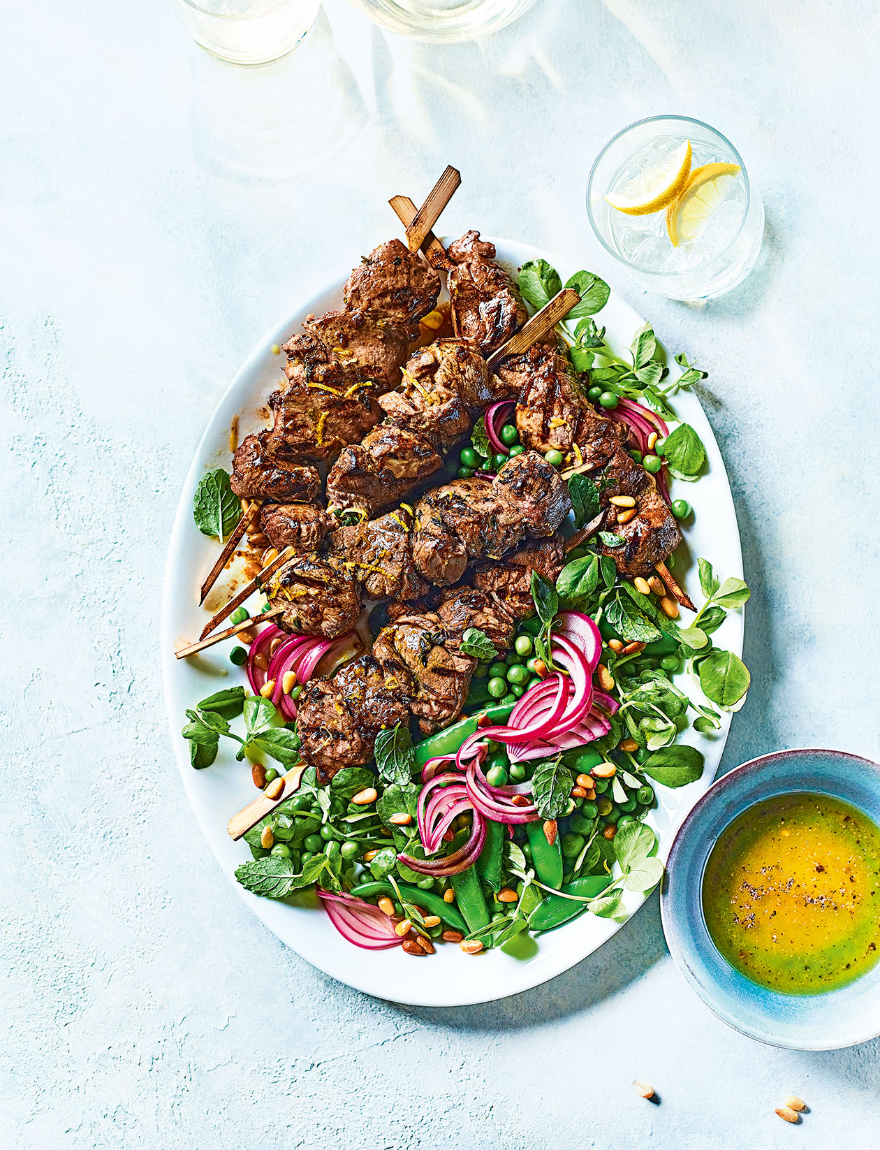 Lamb kebabs with summer pea salad recipe Sainsbury`s Magazine
