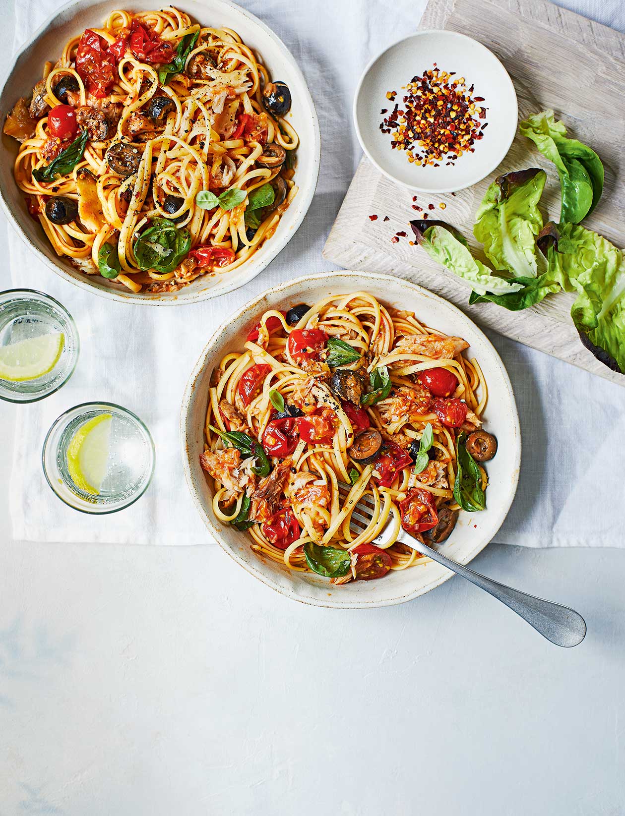 Mackerel, cherry tomato and olive linguine recipe | Sainsbury`s Magazine