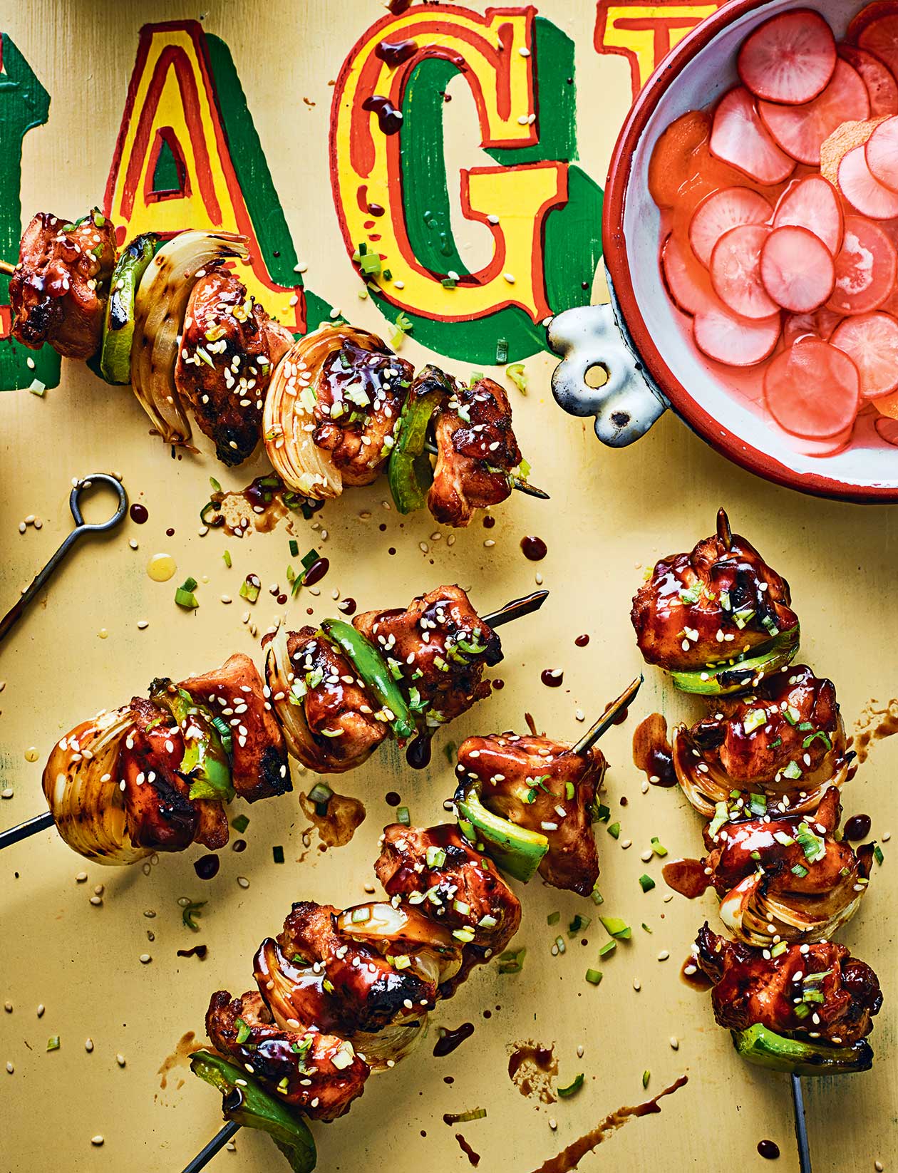 Char siu chicken sticks with pickled radish and carrot salad recipe | Sainsbury`s Magazine