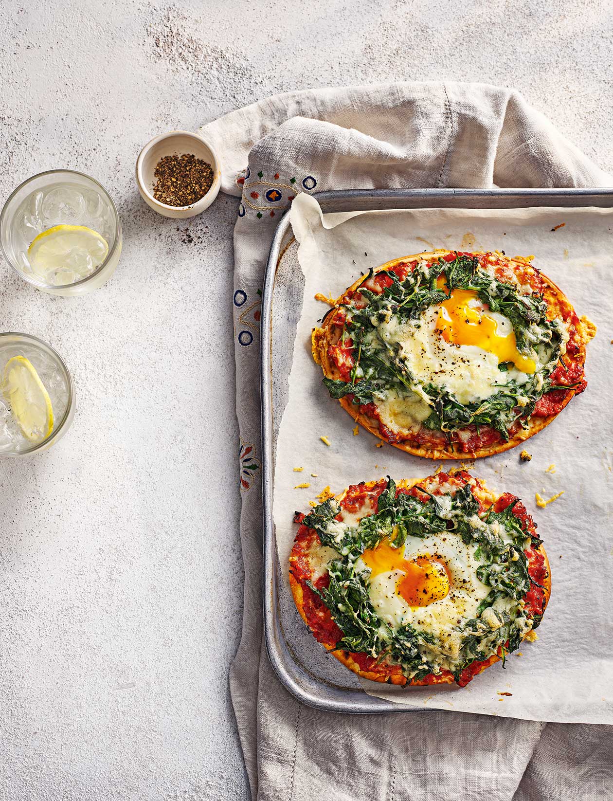 Eggs Florentine flatbreads recipes Sainsbury`s Magazine