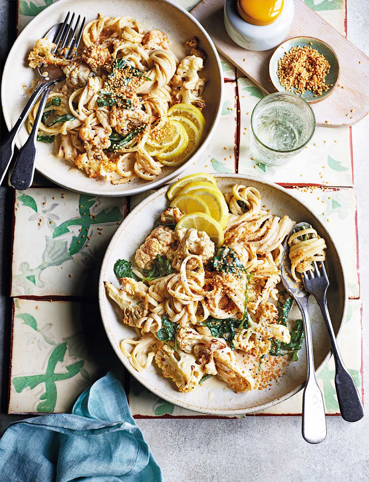 Roast cauliflower pasta with creamy tahini sauce recipe | Sainsbury`s Magazine