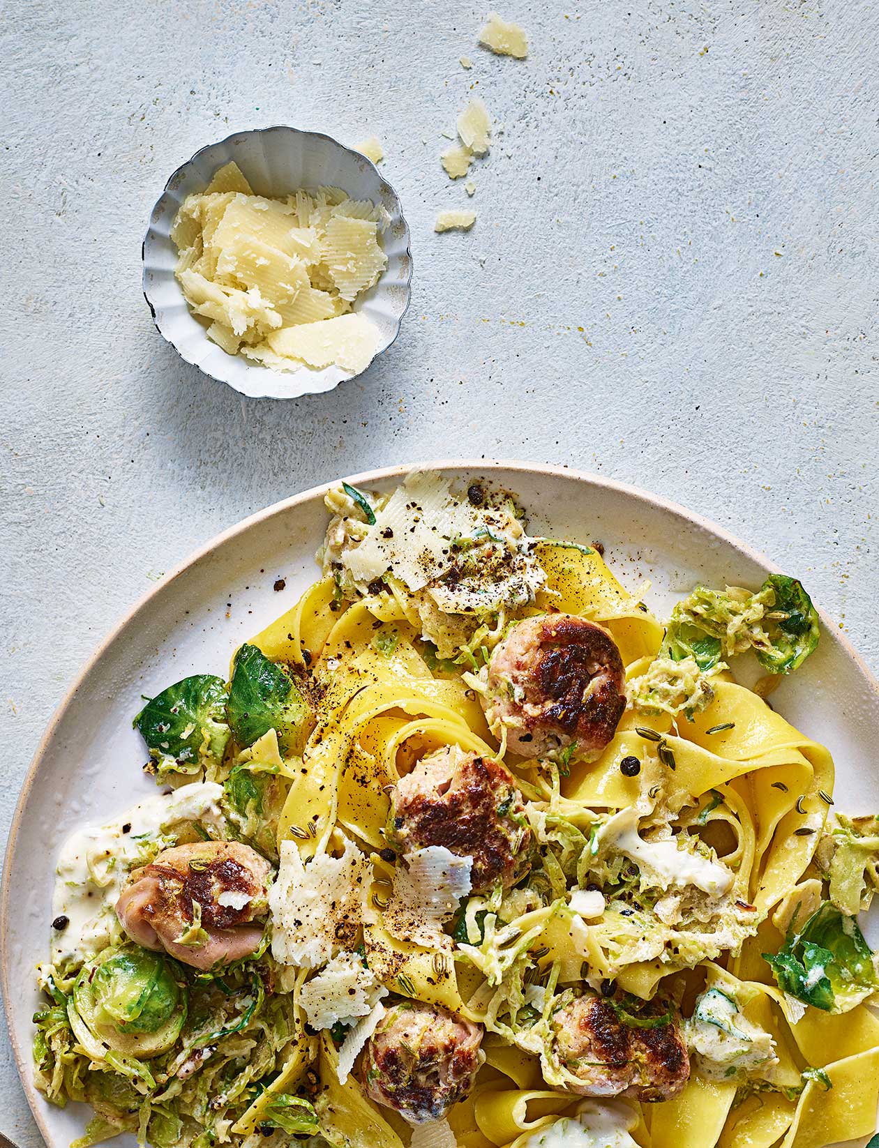 Sausage meatball and sprout pasta recipe Sainsbury`s Magazine