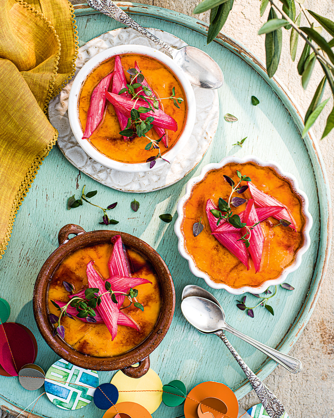 Crema Catalana with roasted rhubarb and thyme recipe | Sainsbury`s Magazine