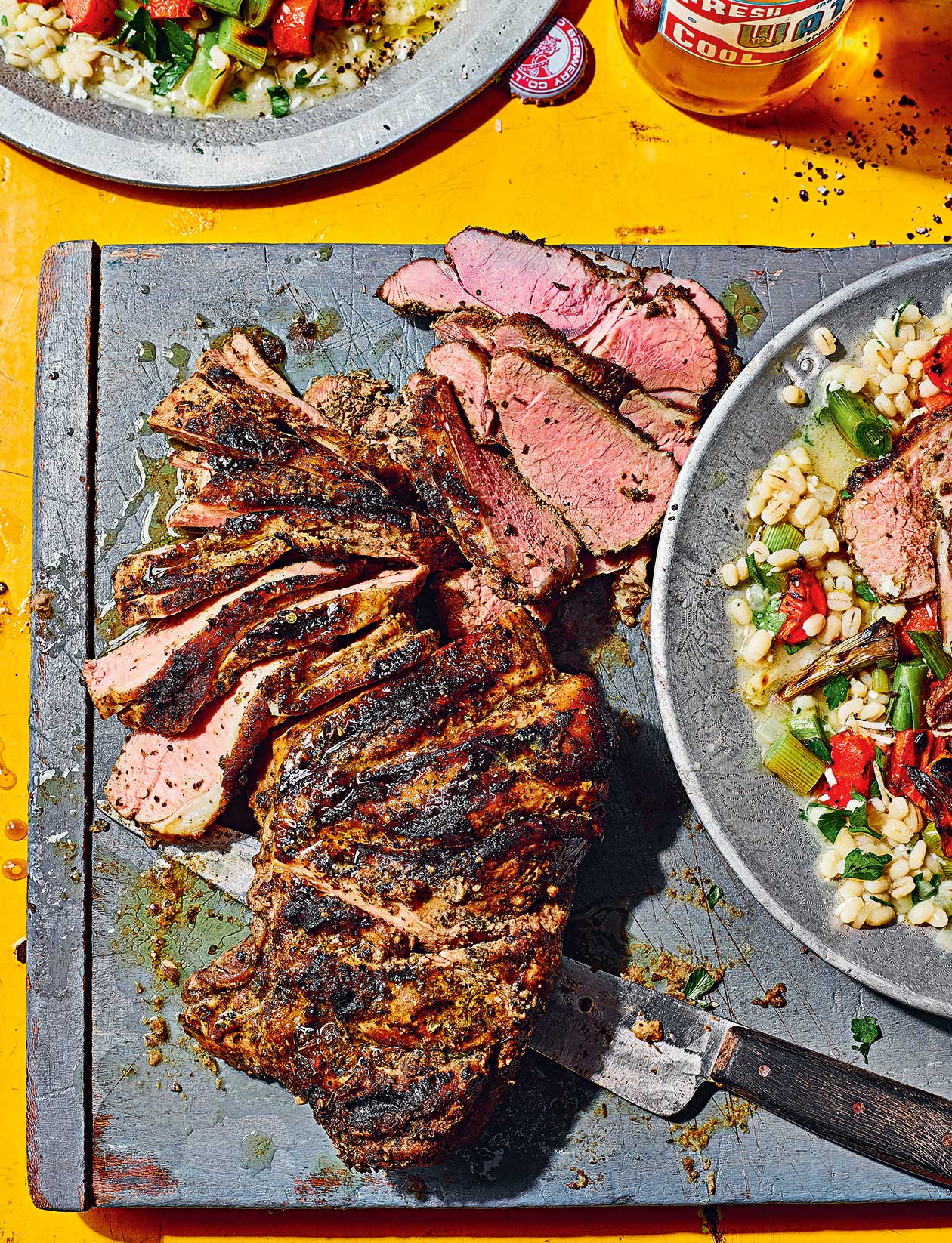Barbecued lamb and root veg with pearl barley risotto recipe | Sainsbury`s Magazine