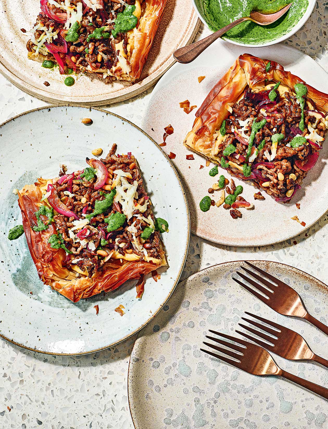 Moroccan lamb filo pie with chermoula drizzle recipe | Sainsbury`s Magazine