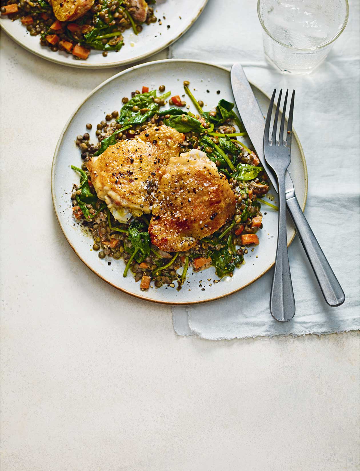 Crispy chicken thighs with mustardy lentils recipe | Sainsbury`s Magazine
