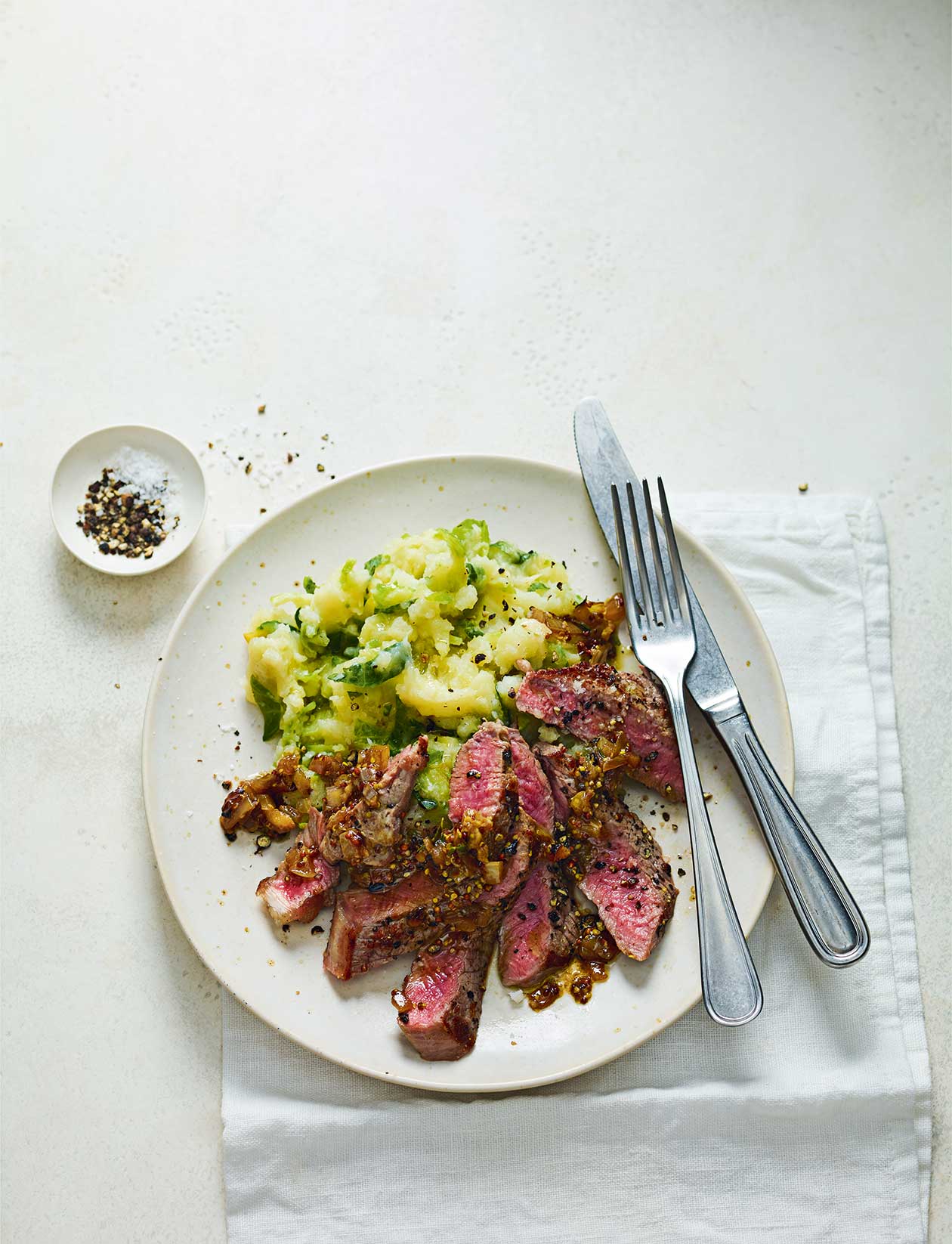 Steak with sprout colcannon recipe | Sainsbury`s Magazine