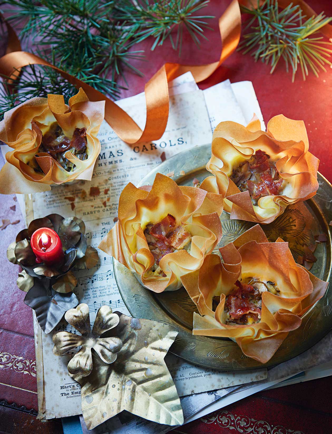Bacon, mushroom and chestnut filo cups recipe Sainsbury`s Magazine