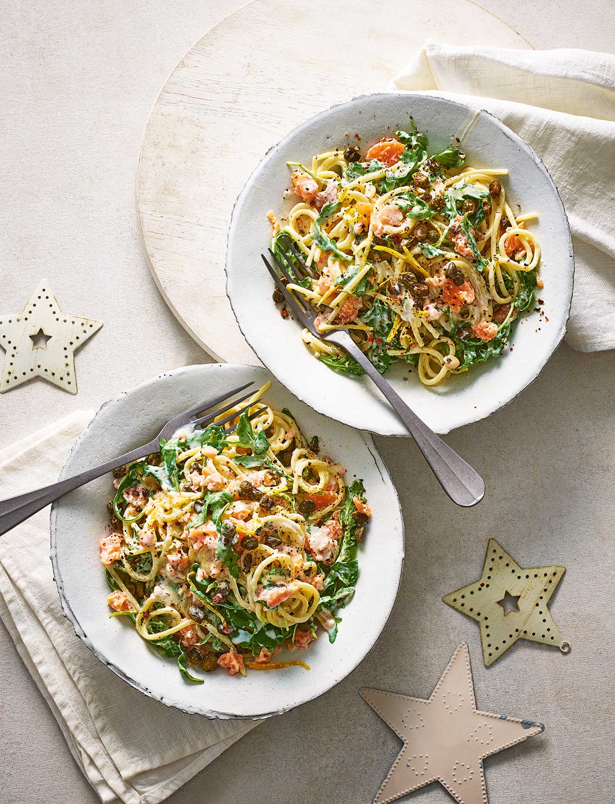 Smoked salmon spaghetti with crispy capers recipe Sainsbury`s Magazine