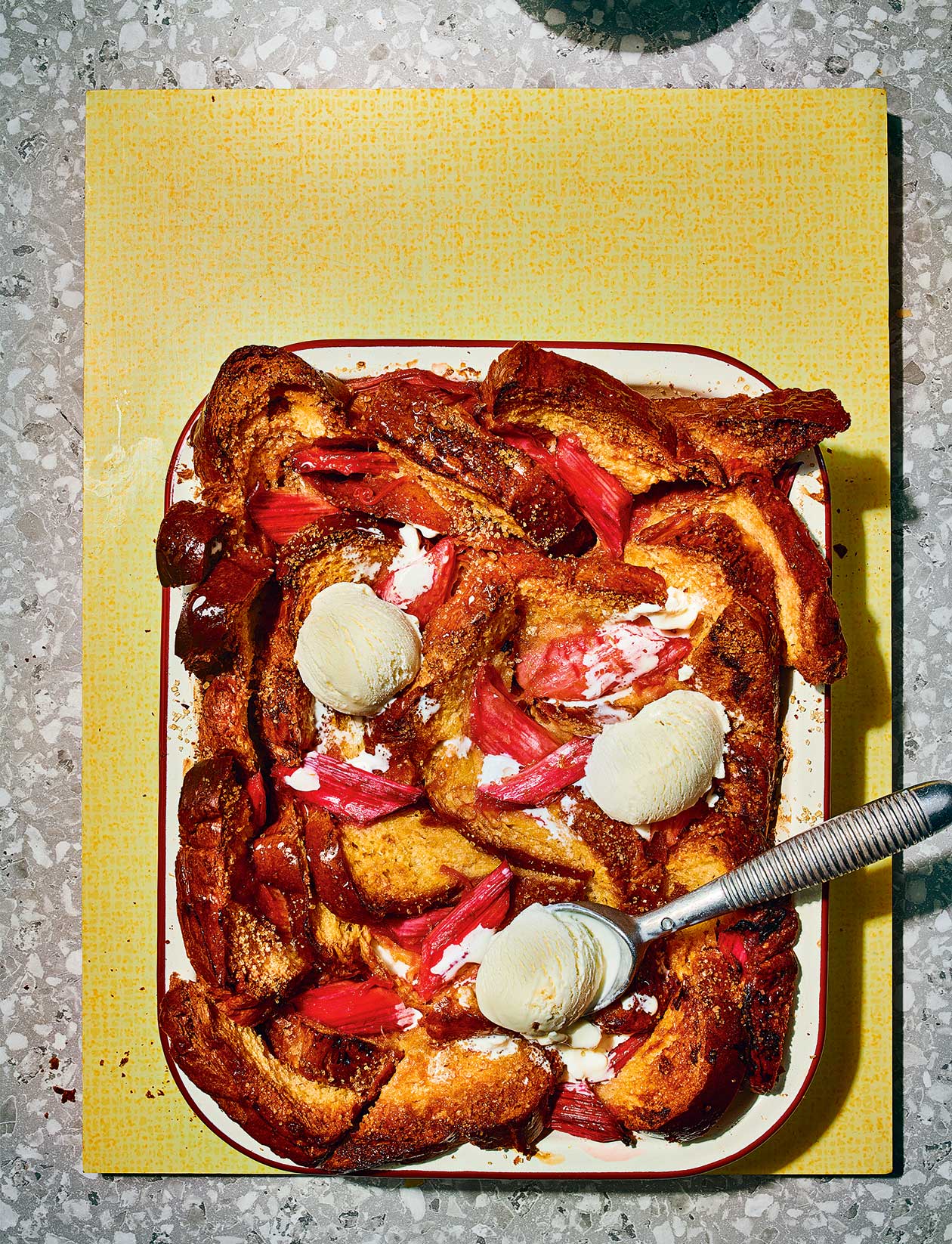 Rhubarb and custard bread and butter pudding recipe Sainsbury`s Magazine