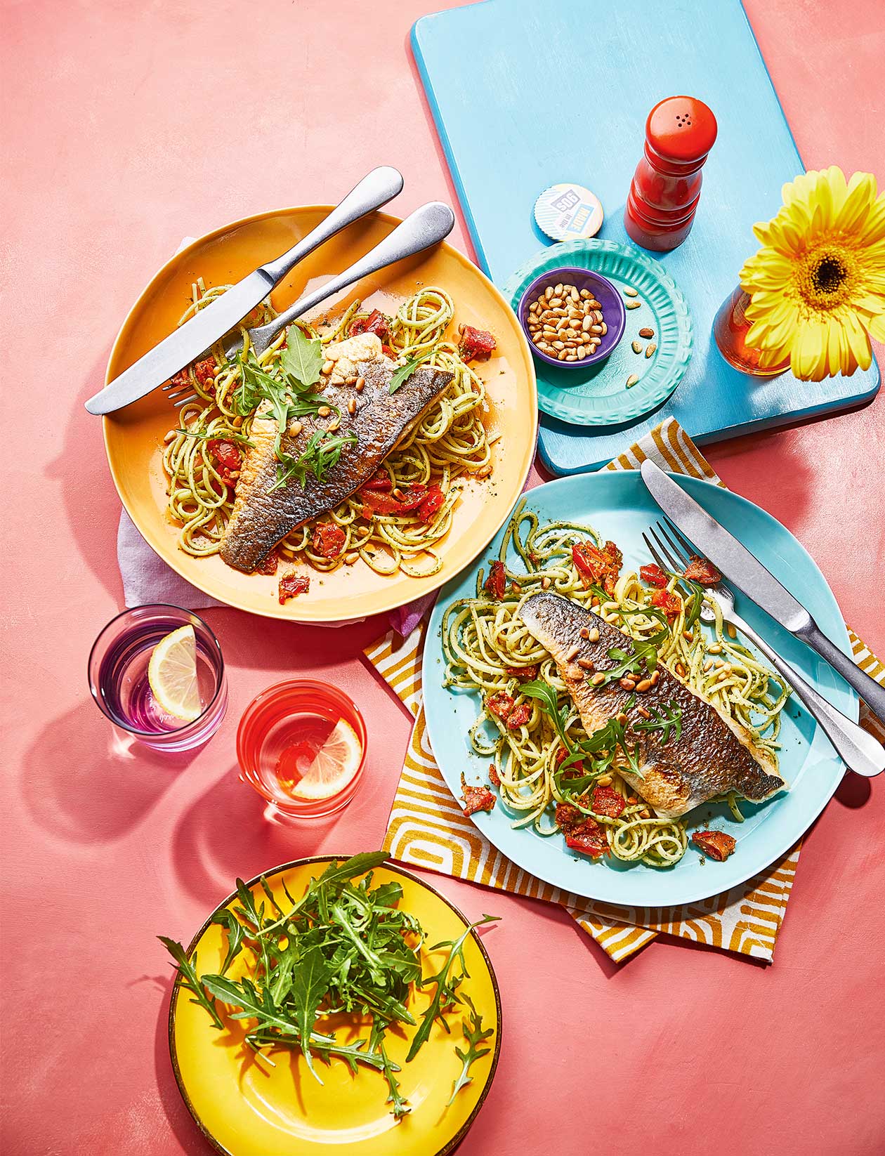 Pan-fried sea bass with pesto linguine recipe | Sainsbury`s Magazine