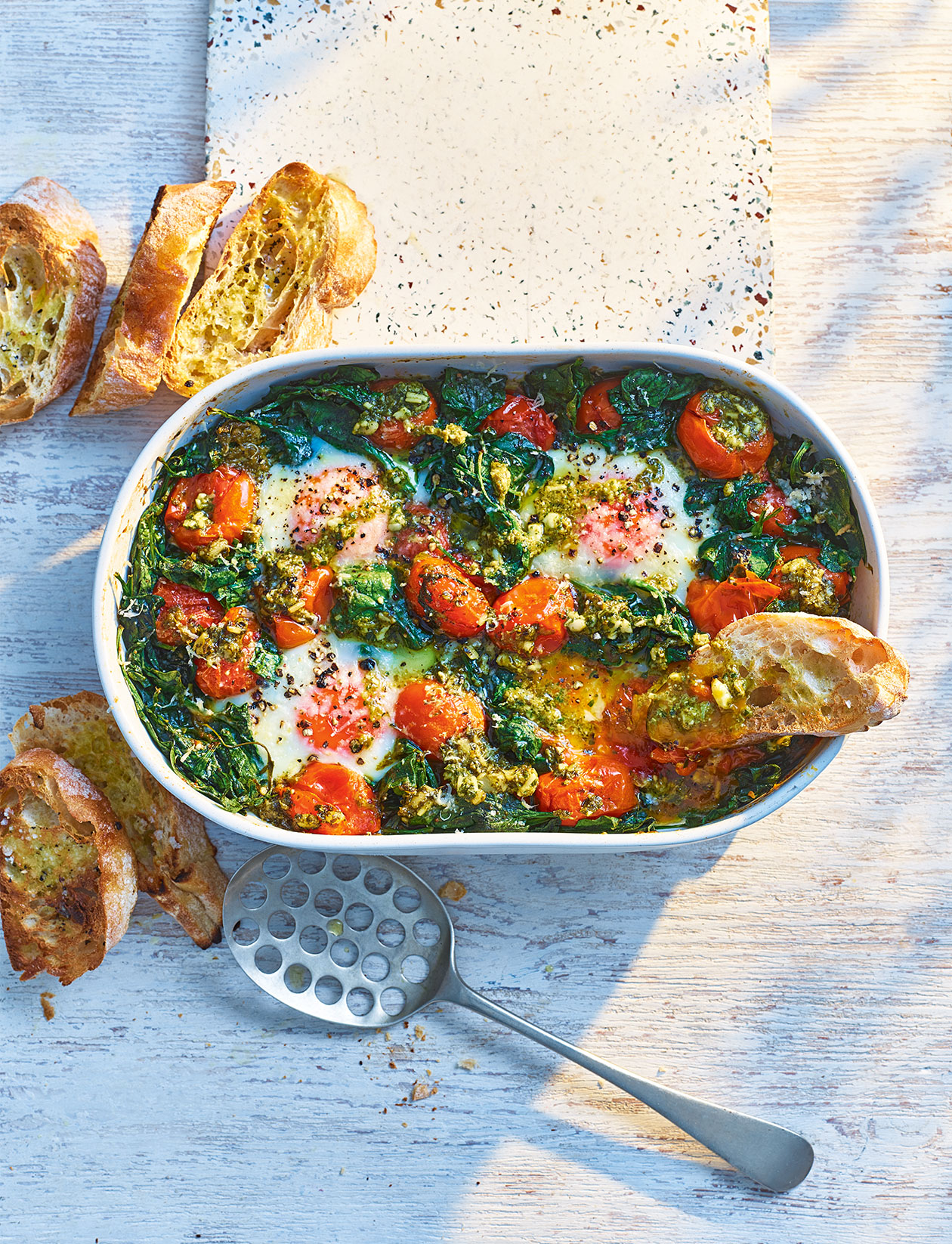 Pesto baked eggs recipe | Sainsbury`s Magazine
