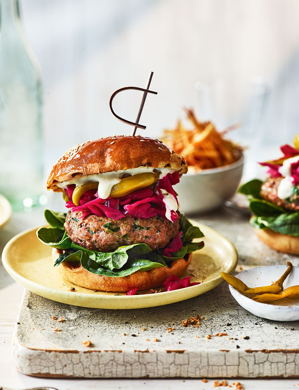 Smoky lamb burger with pickled red cabbage, chilli and garlic sauce
