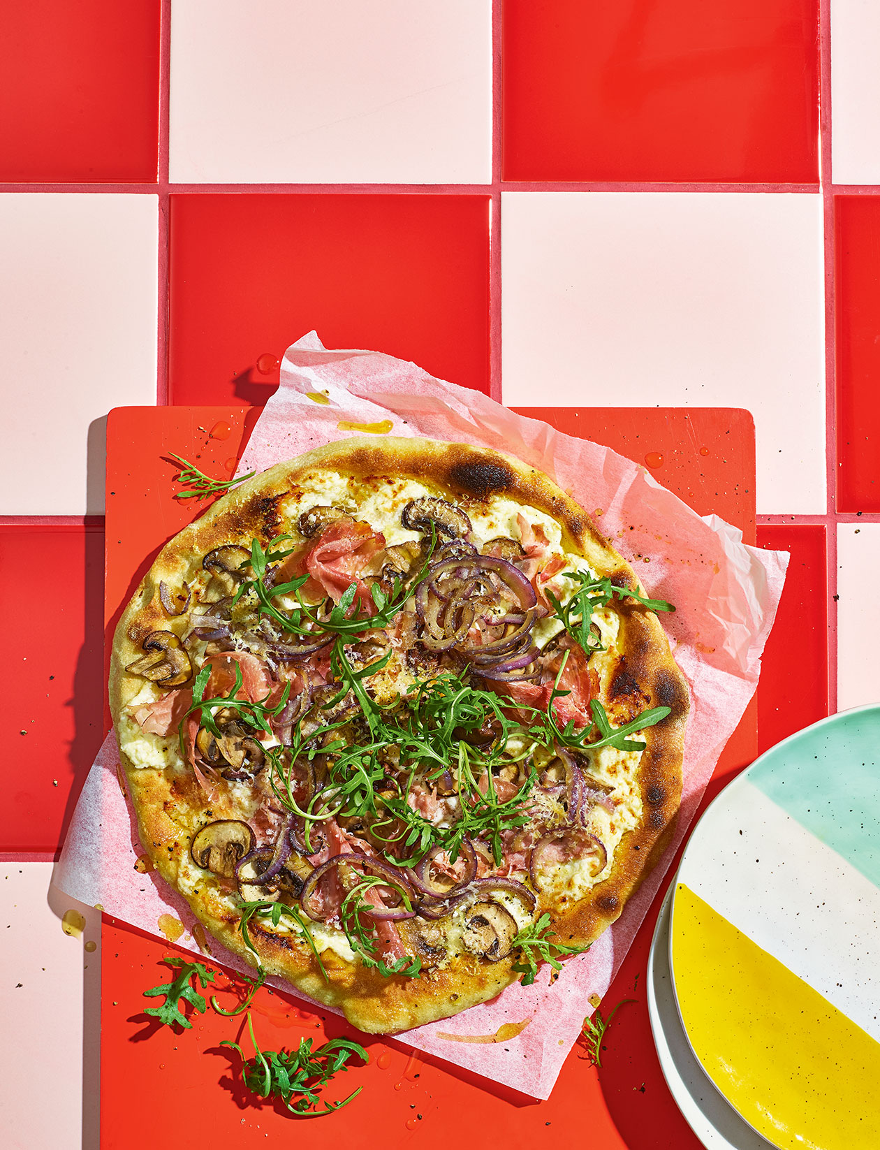 Pizza bianca with ham and mushrooms recipe | Sainsbury`s Magazine
