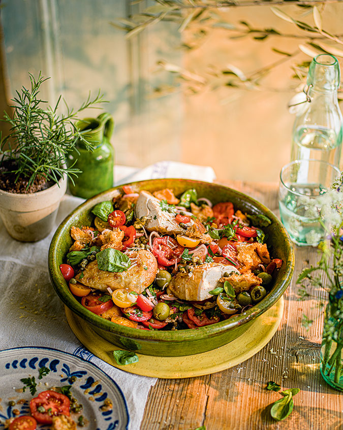 Roasted chicken, summer tomato and basil panzanella recipe | Sainsbury`s Magazine