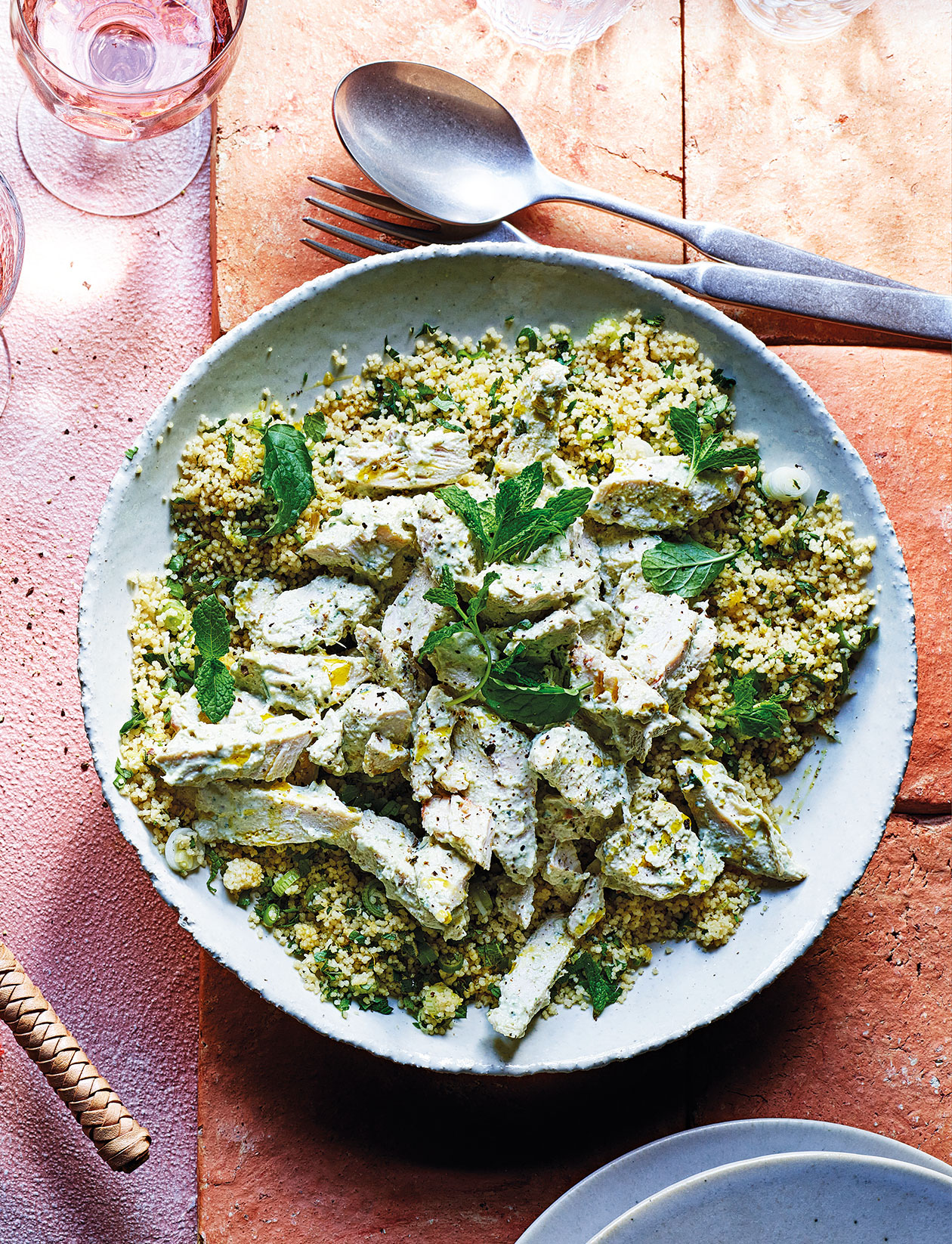 Green couscous with torn tahini chicken recipe | Sainsbury`s Magazine