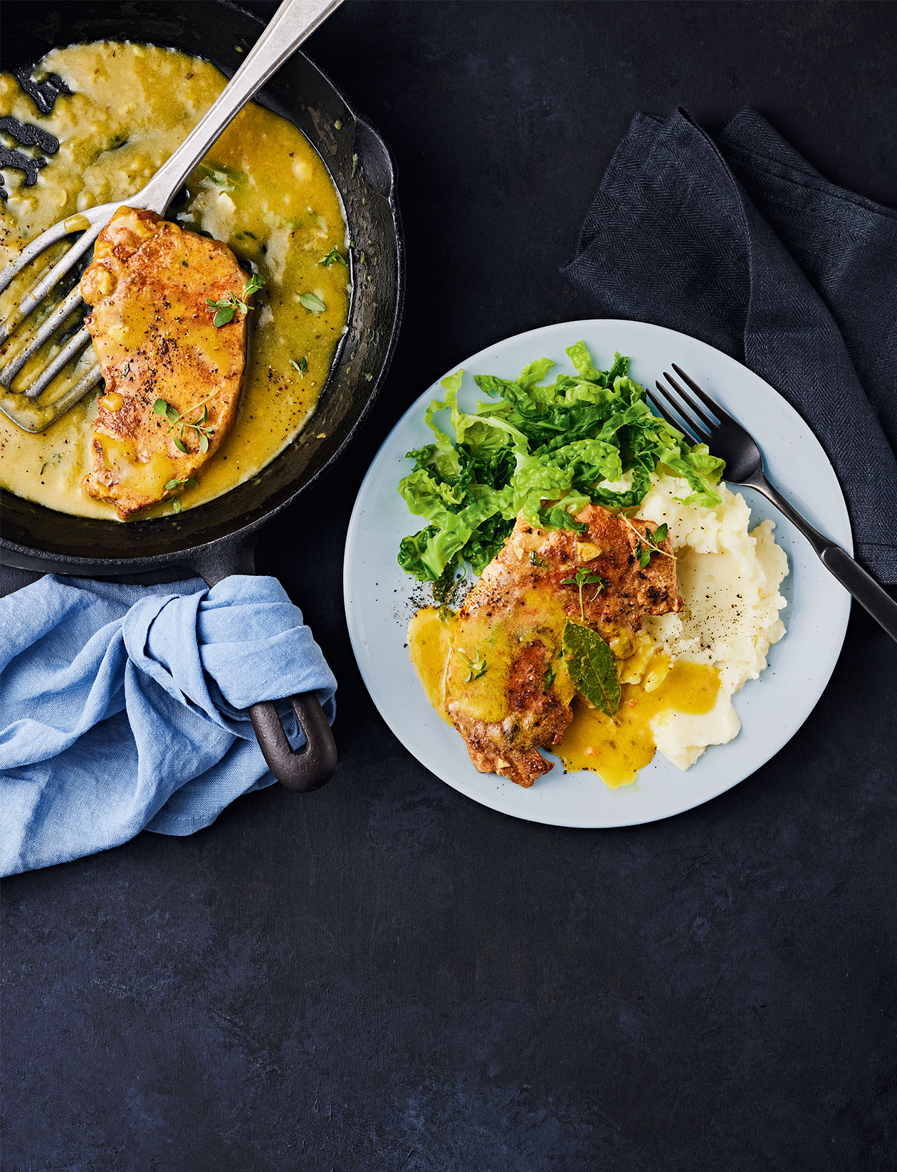 Milk-braised pork steaks with cabbage recipe | Sainsbury`s Magazine