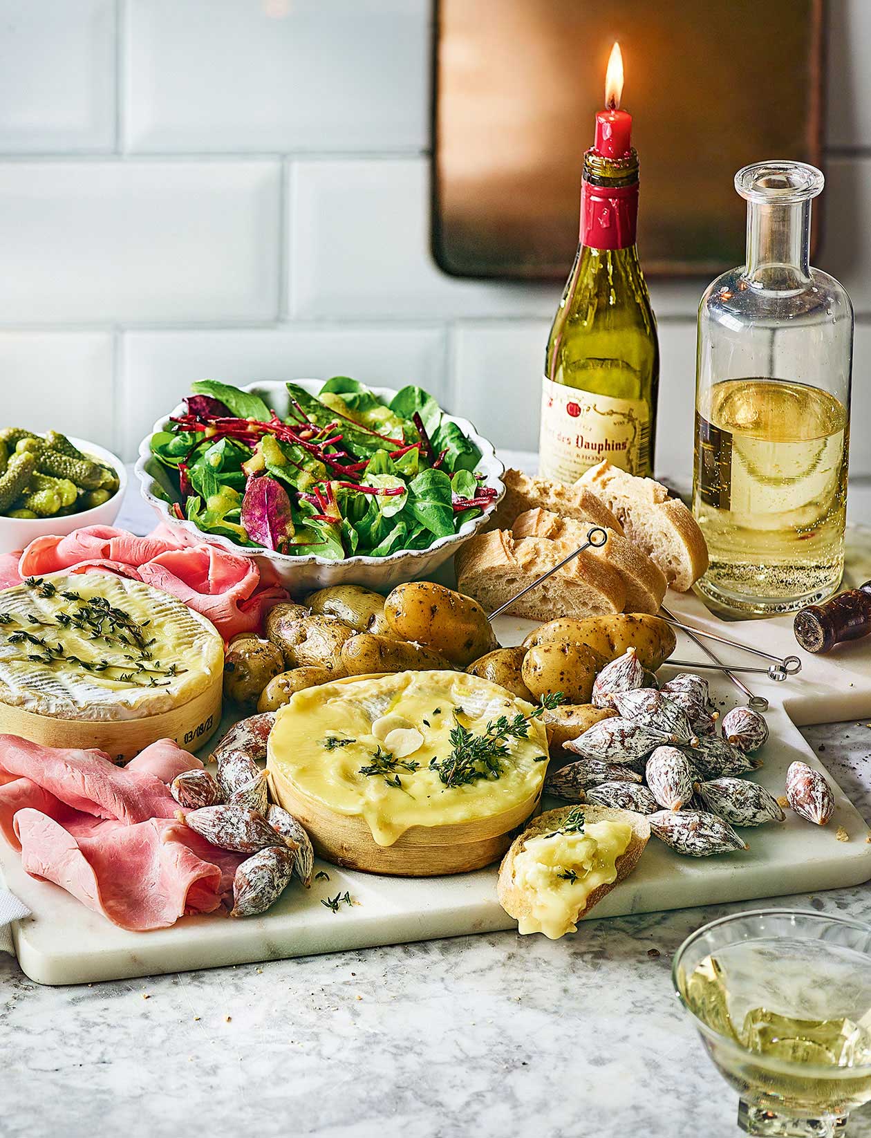 Baked camembert, charcuterie and potatoes recipe Sainsbury`s Magazine