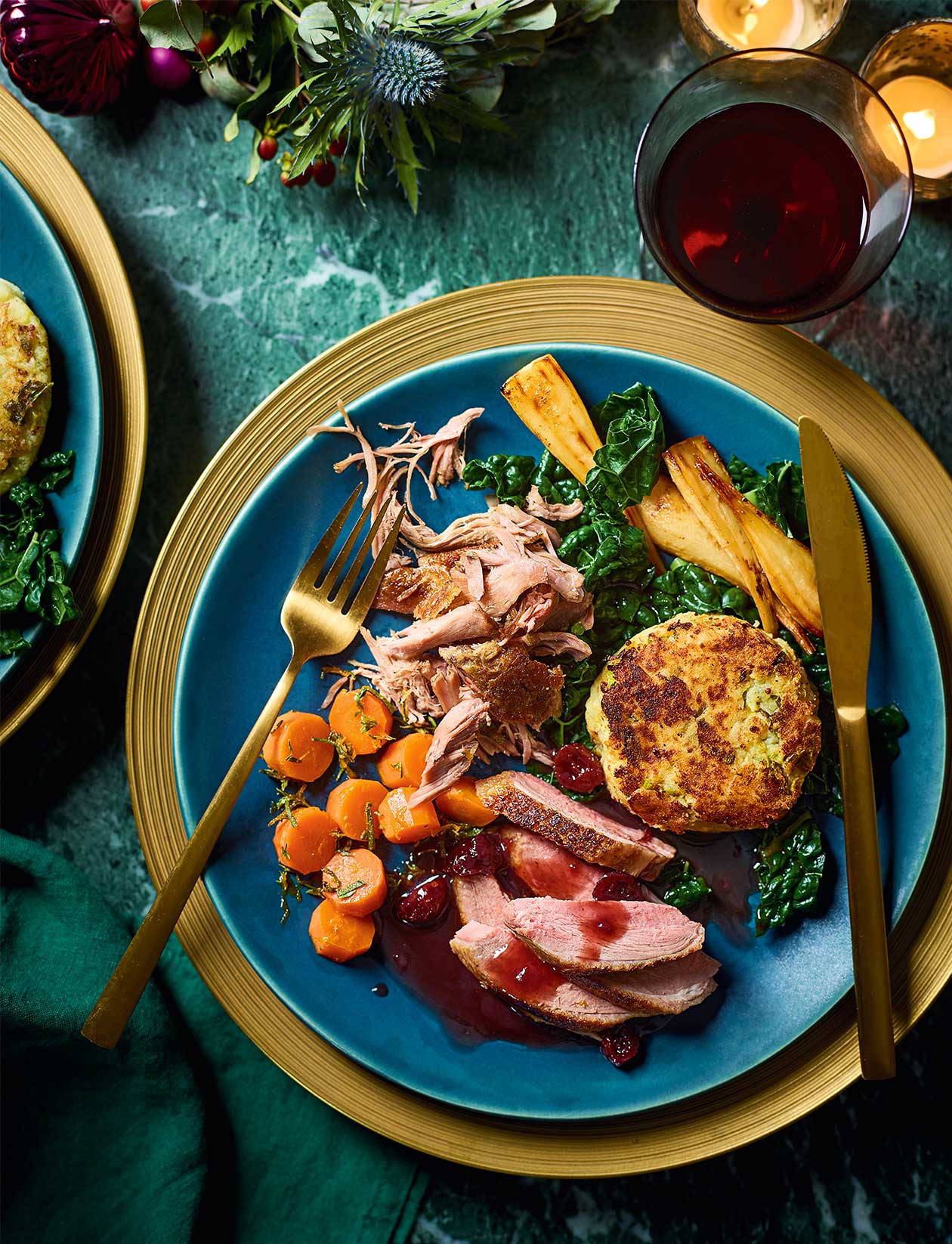 Roast and confit duck with bubble and squeak cakes, cranberry gravy recipe | Sainsbury`s Magazine