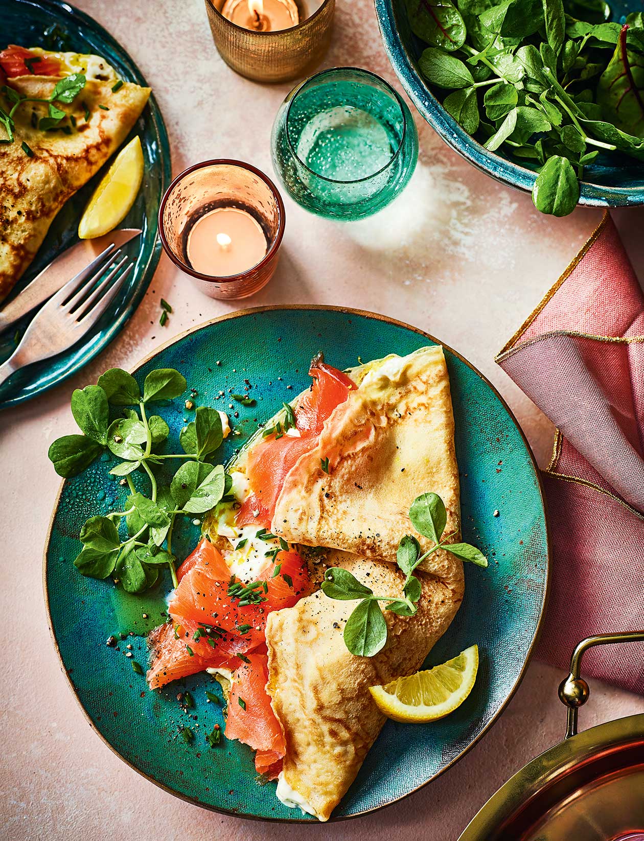 Smoked salmon pancake, truffle soured cream and chives recipe | Sainsbury`s Magazine
