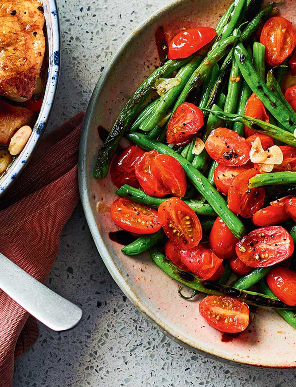 Blistered green beans and tomatoes recipe | Sainsbury`s Magazine