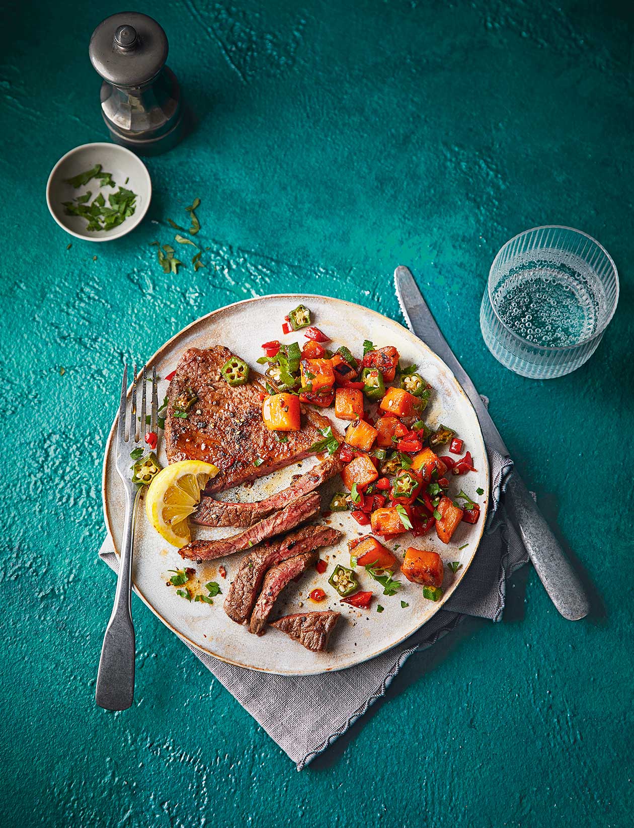 Steak with sweet potato succotash recipe | Sainsbury`s Magazine