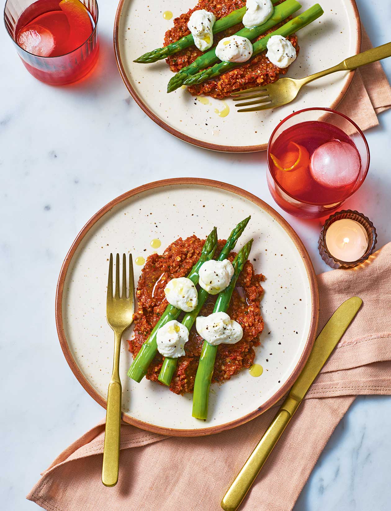 Asparagus with whipped ricotta and romesco sauce recipe | Sainsbury`s Magazine