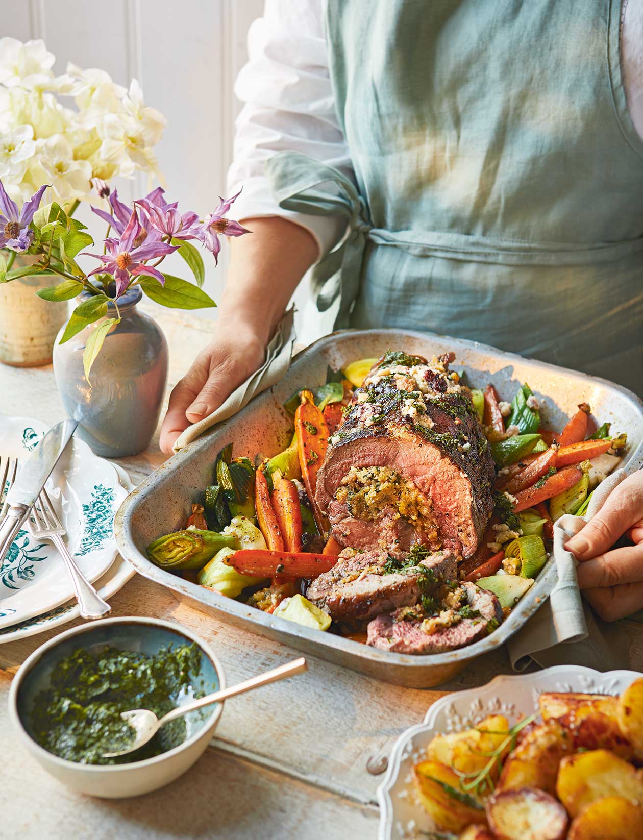 Rolled roast lamb with Wensleydale, apricot and herb stuffing recipe | Sainsbury`s Magazine