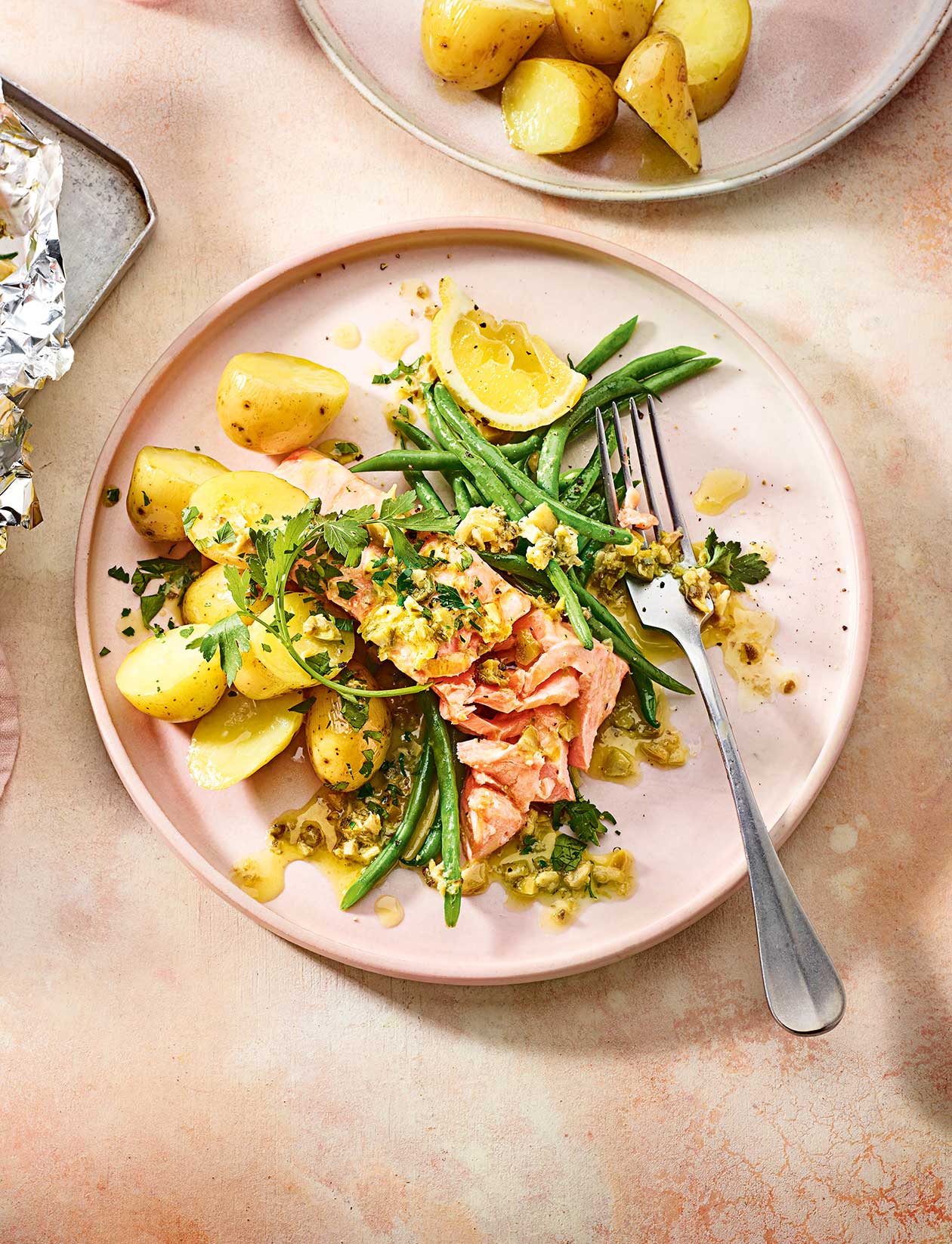 Salmon with lemon-olive butter and new potatoes recipe | Sainsbury`s