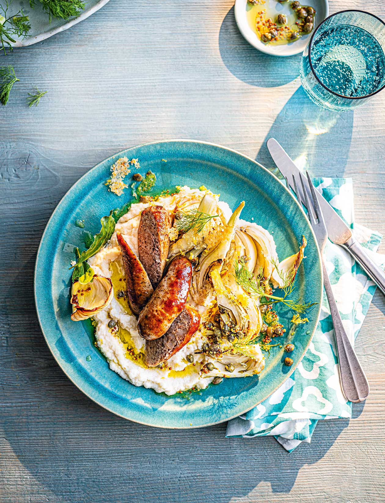 Summer sausage and bean mash with cheesy fennel recipe | Sainsbury`s Magazine