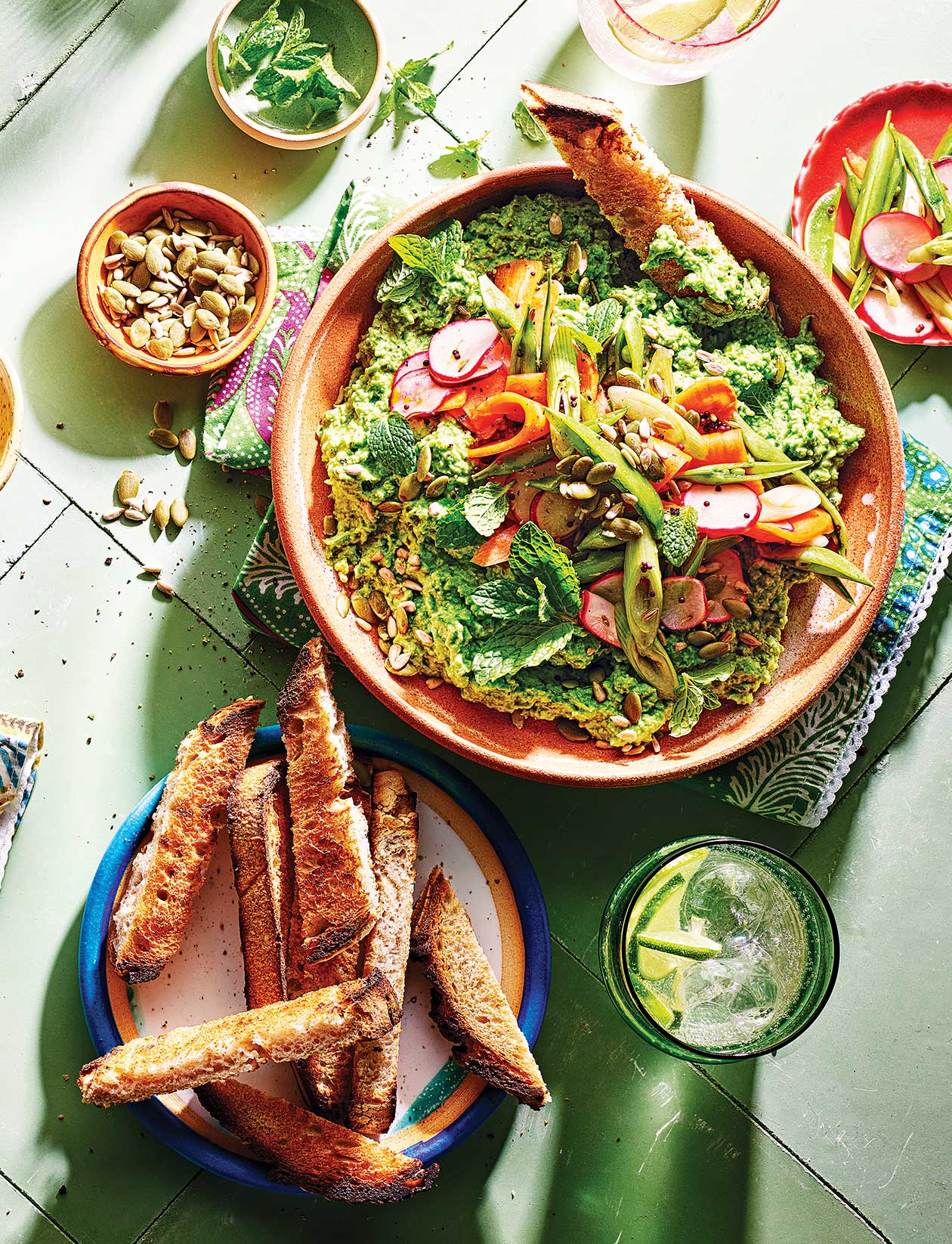 Pea and pickled veg dip with sourdough soldiers recipe | Sainsbury`s Magazine