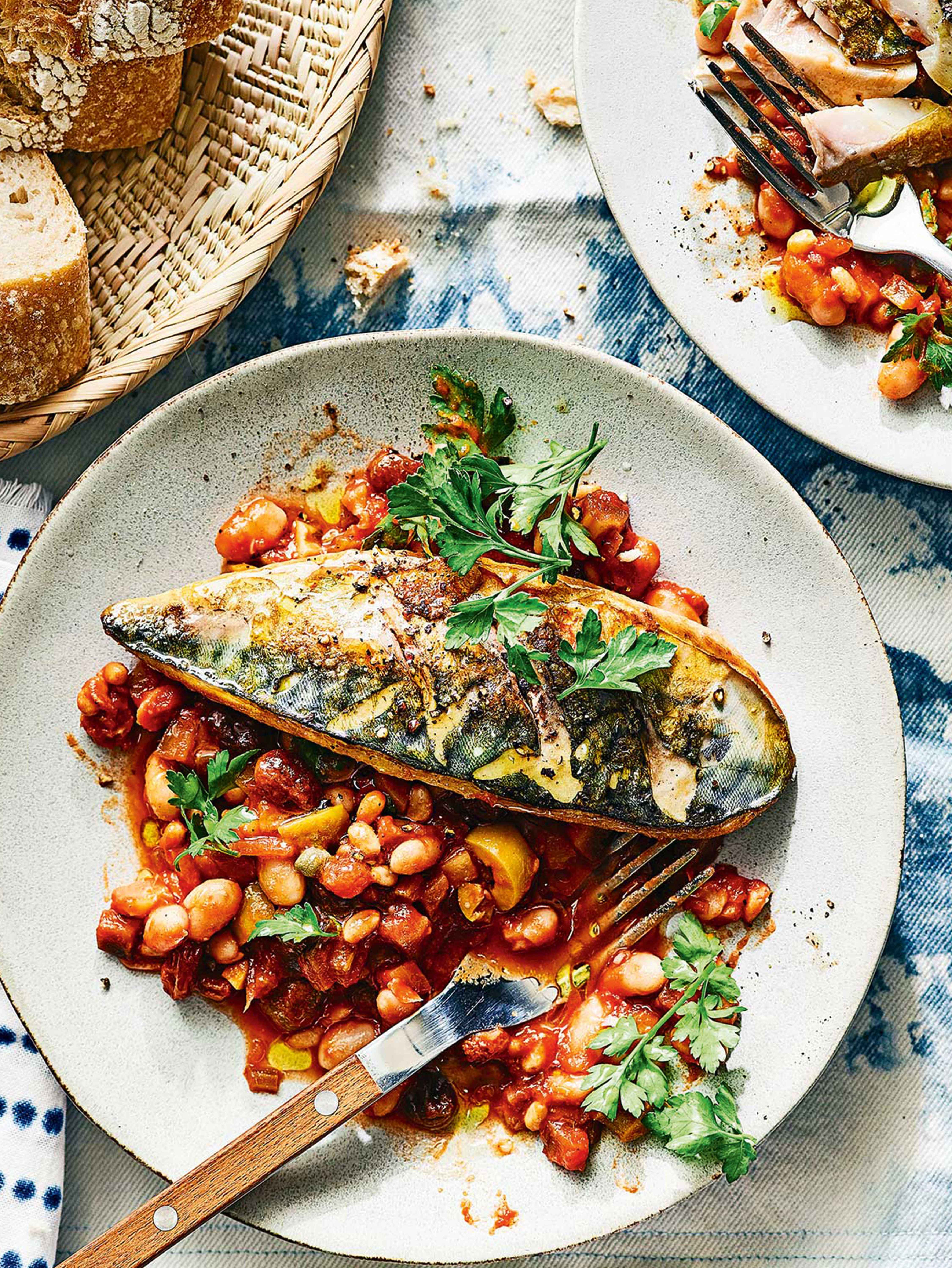 Sicilian-style mackerel with white beans and caponata recipe | Sainsbury`s Magazine